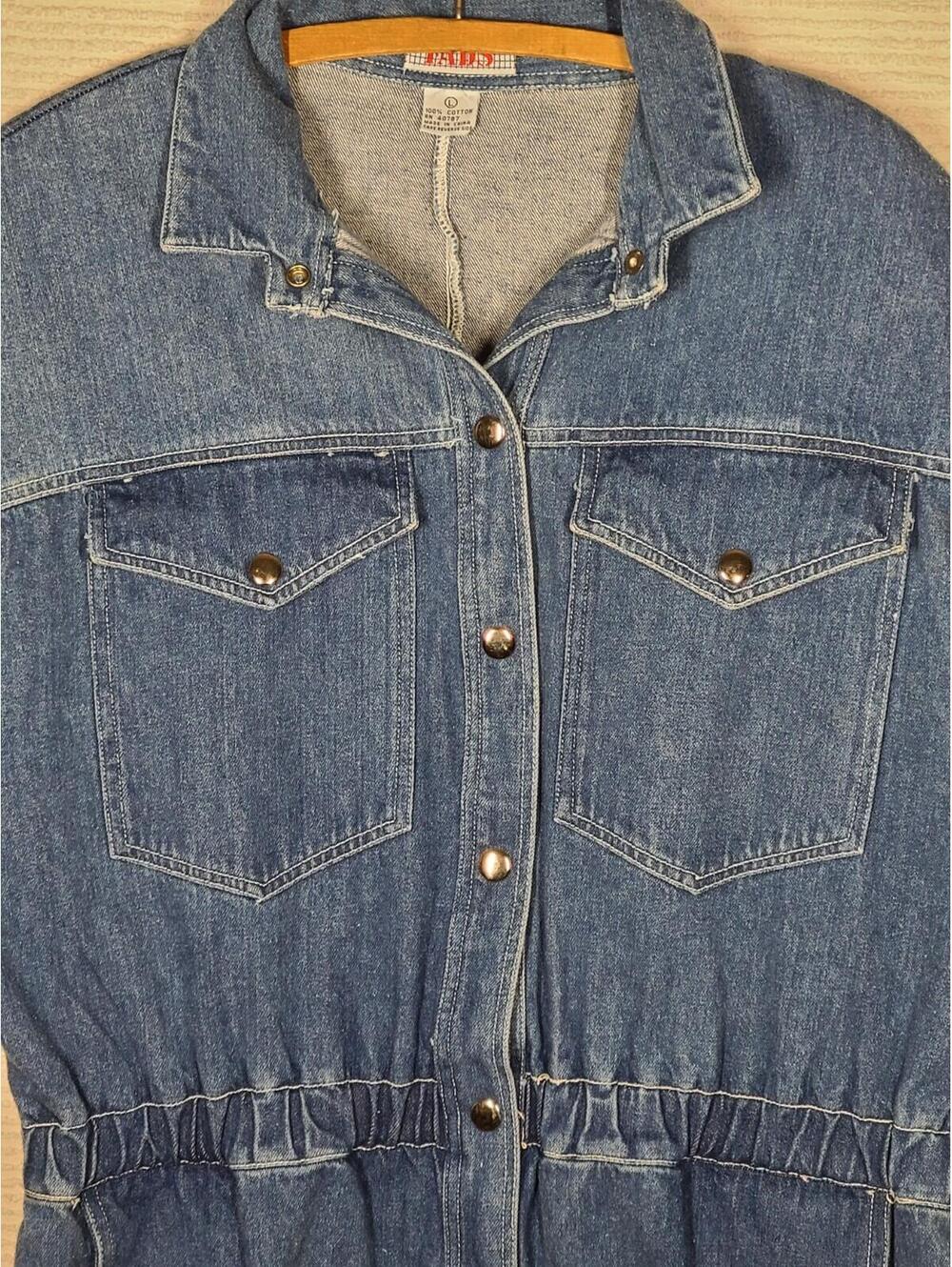 Vintage 90s Denim Dress 100% Cotton Blue Jeans Large Slim Skirt Snap Front Y2k - Picture 6 of 9